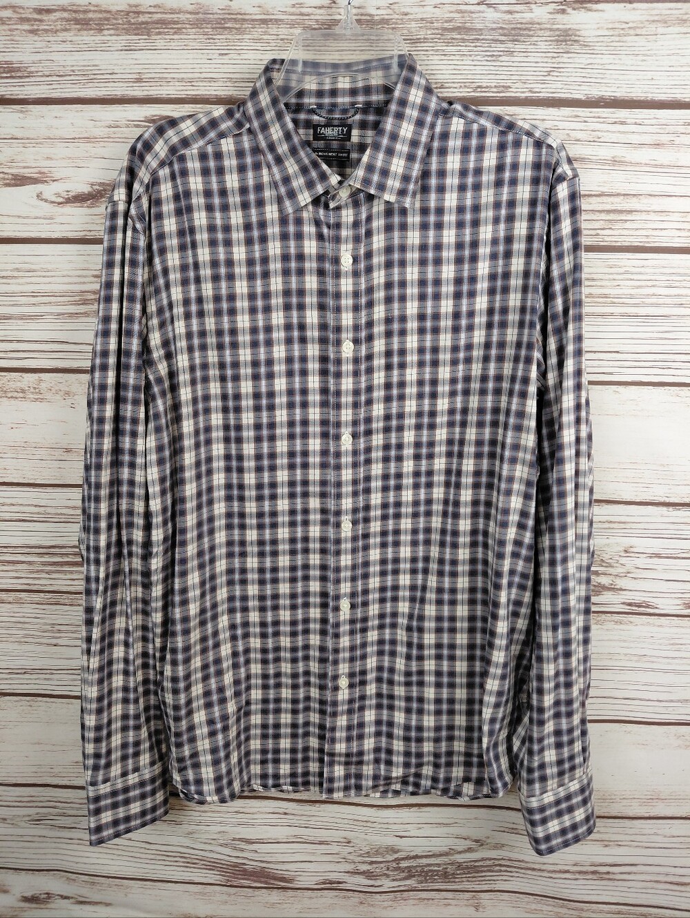 Faherty Mens Large Brown Plaid Long Sleeve The movement Button Down Shirt